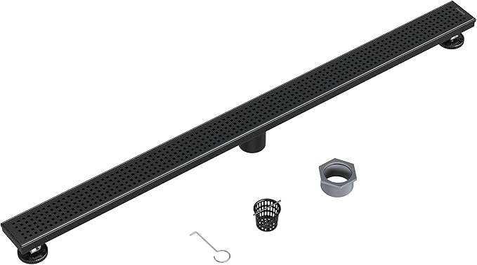 Neodrain 40" Black Linear Shower Drain with Removable Quadrato Pattern Cover, 304 Stainless Steel Rectangle Shower Floor Drains, Matte Black Linear Drain&Leveling Feet, Hair Strainer, CUPC Certified