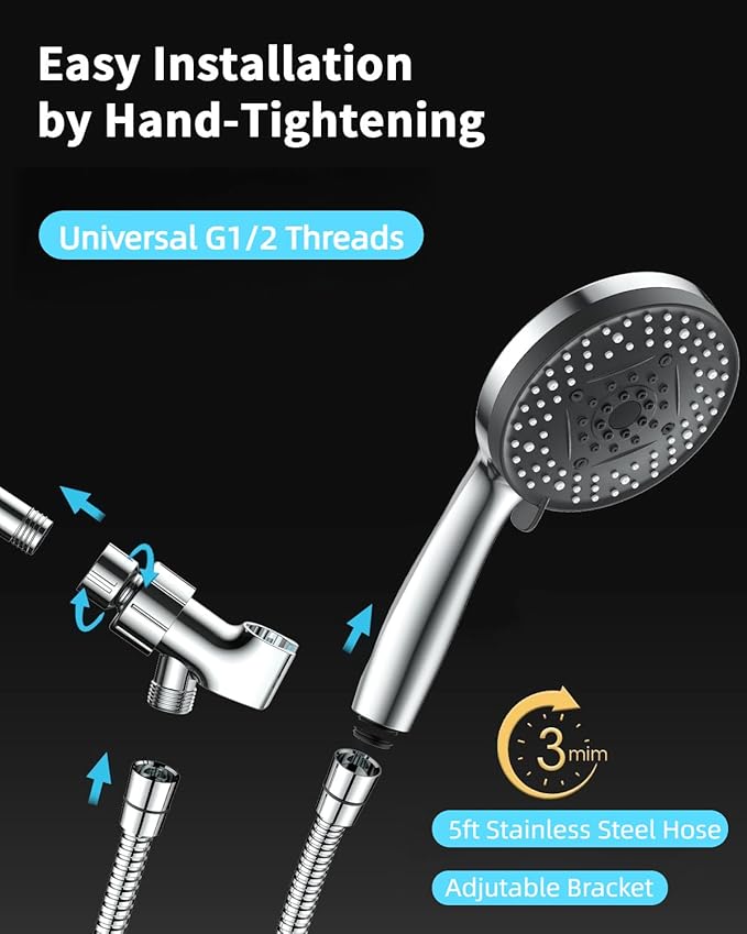 VOXON Shower Head High Pressure 10 Functions, Built-in 2 Power Wash Mode to Clean Corner, Non-Clogging Nozzles, Leakproof Stainless Steel Hose&Adjustable Bracket,for Man, Women, Pet