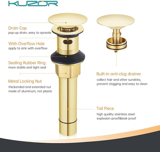 Gold Pop Up Bathroom Sink Drain with Overflow - Fits 1-5/8" to 2" Holes, 304 Stainless Steel for Vanity/Vessel Sink