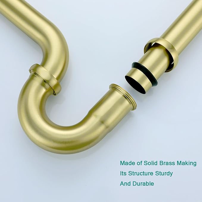 Brass P Trap with Pop Up Drain Stopper,U-Shape 1 1/4 Slip Joint Extension Tub Sink Drain Pipe,12 inch Pipe length Adjustable Height Sink Waste Trap Drain Kit,Without Overflow,Brushed Gold