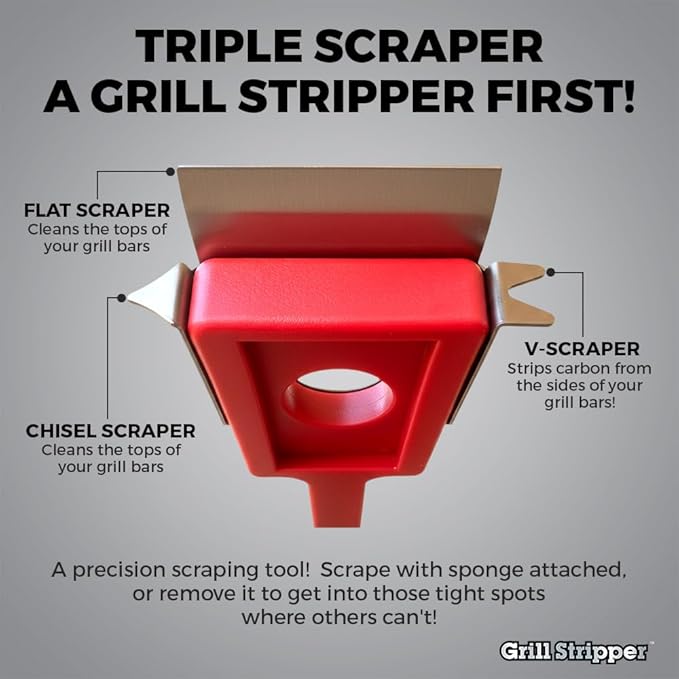 GRILL STRIPPER Bristle Free Grill Brush For Outdoor Grill - Steam Grill Brush Bristle Free with Patent Pending Triple Scraper and Dishwasher Safe Replaceable Fire Resistant Steam Sponge