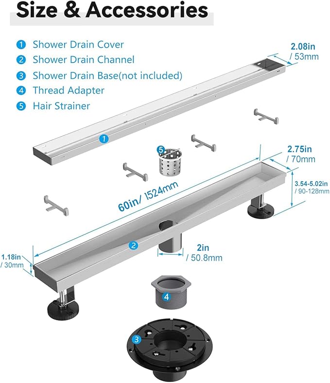 Linear Shower Drain 60 Inch(Brushed Nickel), 2 in 1 Tileable Shower Drain, 304 Stainless Steel Shower Floor Drain with Tile Insert Grate,Adjustable Feet,Hair Filter