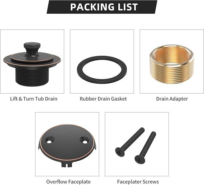 Oil Rubbed Bronze Tub Drain Trim Set Conversion Kit Assembly，All Brass Lift & Turn Bathtub Drain Replacement Trim Kit with Two-Hole Overflow Faceplate and Universal Fine/Coarse Thread