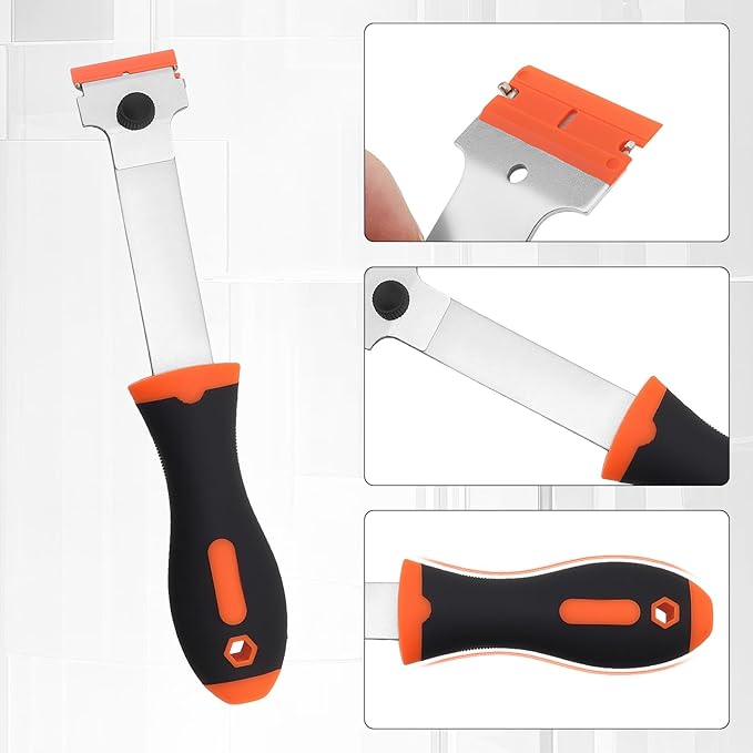 Razor Blade Scraper, Long Handled Scraper with 10 Extra Replacement Blades, Cleaning Scraper for Removing Stickers, Paint, Caulk, Label, Grease from Window, Car Glass, Windshield, Stove