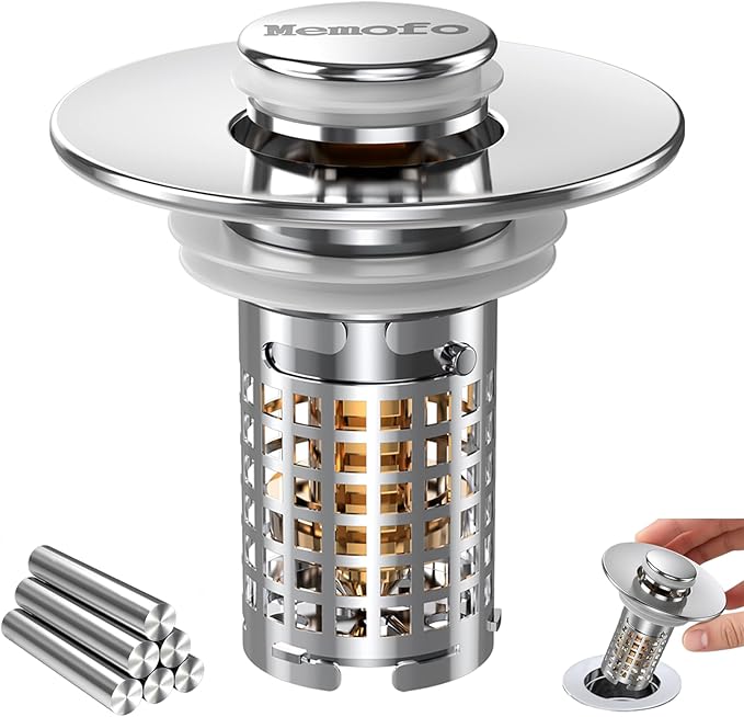 Bathroom Sink Drain Strainer, Stainless Steel Pop-up Strainer Basket Hair Catcher with Removable Basket, Brass Bullet Core, Universal Fit 1.1-2.36 Inch
