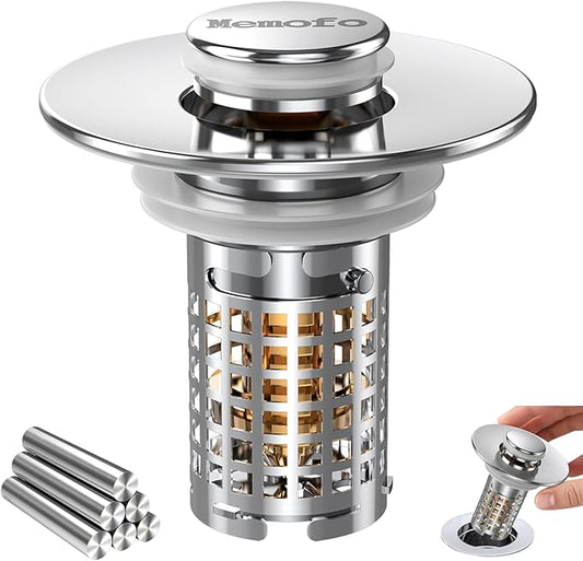 Bathroom Sink Drain Strainer, Stainless Steel Pop-up Strainer Basket Hair Catcher with Removable Basket, Brass Bullet Core, Universal Fit 1.1-2.36 Inch