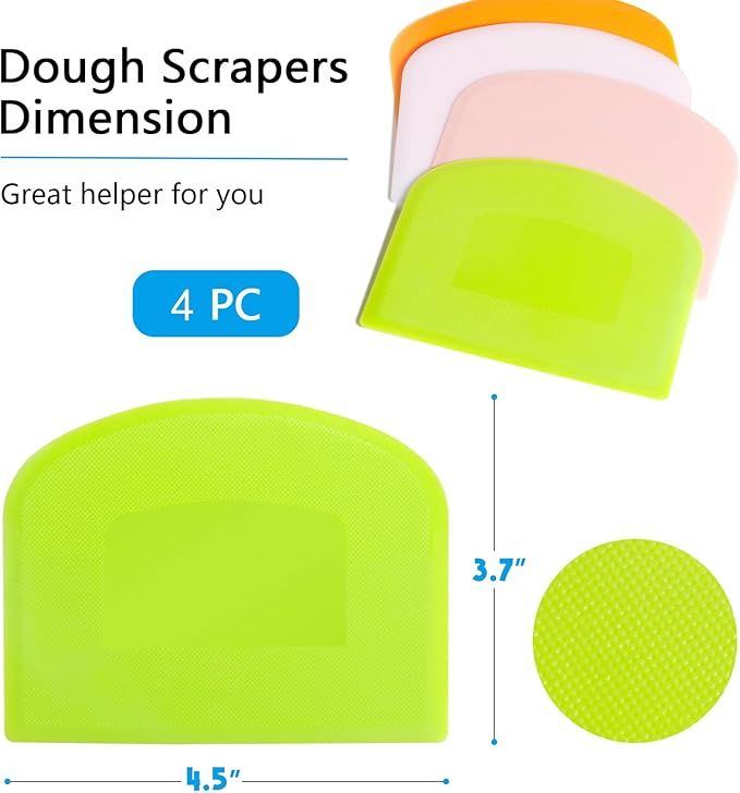 Dough Scraper Bench Scraper for Baking, 4 PCs BPA Free PE Plastic Flexible Bowl Scraper, Food-safe Plastic Dough Cutter for Bread Cake Dough Fondant Icing (White, Green, Orange, Pink)