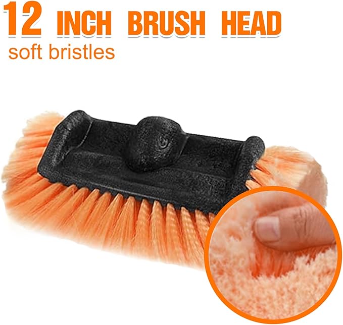 12FT Car Wash Brush with Long Handle, Car Cleaning Brush with 12 Inch Soft Bristle and Soap Dispenser, Solar Panels Cleaner with Telescoping Pole for RV, Truck, Boat, House Siding, Orange