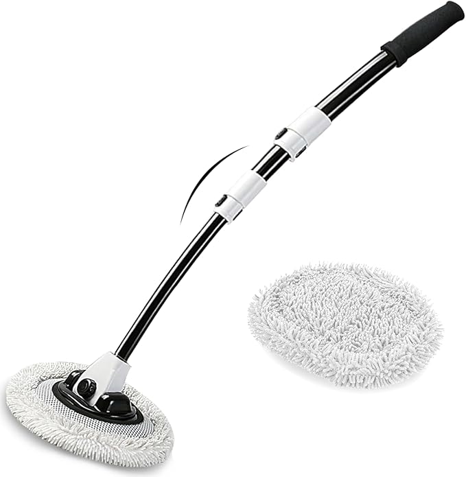 15° Curved Car Wash Brush with Long Handle 43" Microfiber Cleaning Mop Telescopic Extension Pole for Caravan RV Truck Auto SUV Wheel Boat Exterior 2 in1 Carwash Duster Scratch Free, White