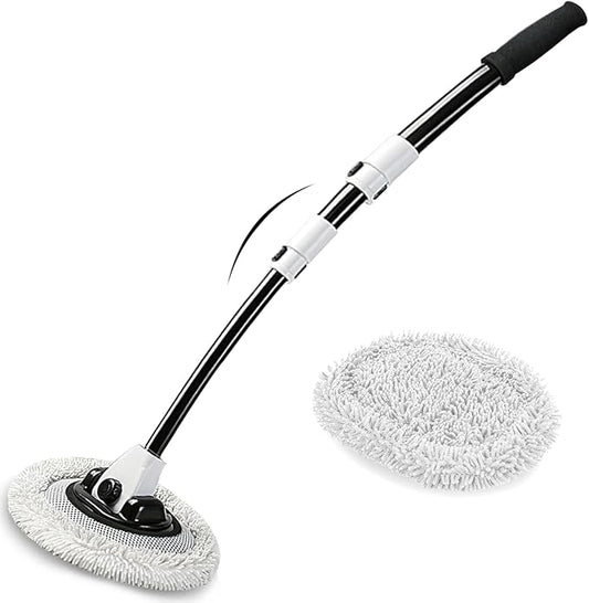 15° Curved Car Wash Brush with Long Handle 43" Microfiber Cleaning Mop Telescopic Extension Pole for Caravan RV Truck Auto SUV Wheel Boat Exterior 2 in1 Carwash Duster Scratch Free, White