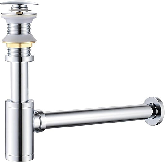 Bathroom Basin Sink Waste P-Trap Drain Kit, Adjustable Bottle Trap with Pop Up Drain Stopper Without Overflow, Chrome