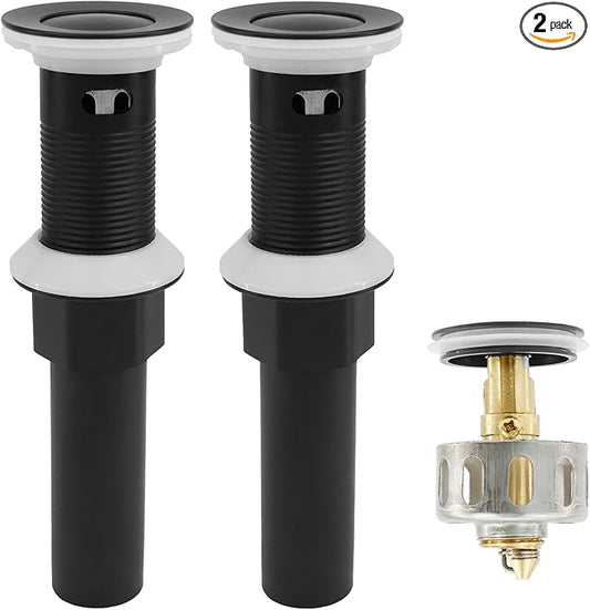 Bathroom Sink Drain,2 Pack Drain Stopper with Overflow,Small Cap Pop Up Drain Assembly with Detachable Strainer Basket,Built-in Anti-Clogging, Stainless Steel Nut Matte Black