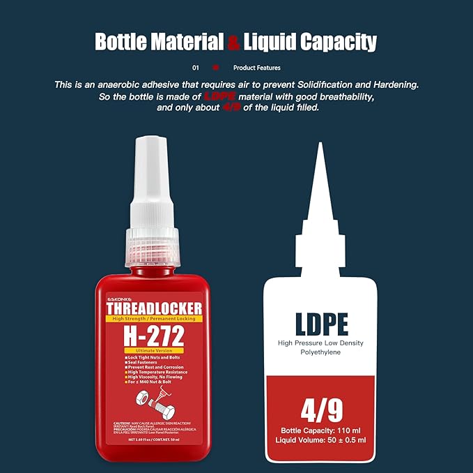 ESKONKE Red Thread Locker 272 Nuts & Bolts Locker High Strength Permanent Locking 1.69 Fl oz Threadlocker Lock Tight & Seal Fasteners Anaerobic Curing Metal Glue (272)