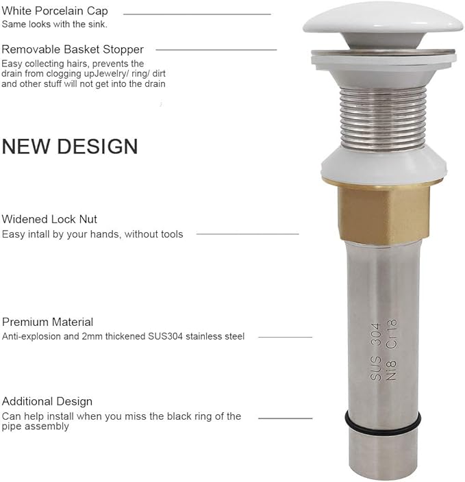 Vessel Sink Drain Without Overflow, White Pop-Up Drain with Basket Stopper, Bathroom Vanity Ceramic Brass Strainer Hair Catcher, Anti-Clogging Brushed Nickel, Porcelain Cap