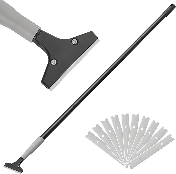 Heavy Duty 4-inch Razor Blade Floor Scraper, 62 Inch Long-Handle, Cleaning Glass Wall Scraper, with 10 Blades, Painting Stripping Tools, Tile, Floors, Walls