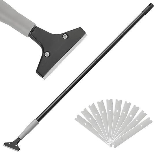 Heavy Duty 4-inch Razor Blade Floor Scraper, 62 Inch Long-Handle, Cleaning Glass Wall Scraper, with 10 Blades, Painting Stripping Tools, Tile, Floors, Walls