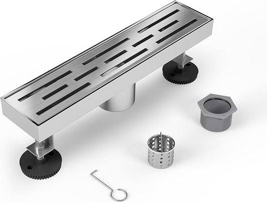 Shower Drain Stainless Steel for Bathroom: Brushed Nickel Linear Shower Drain 18 Inch with Removable Brick Pattern Grate - Adjustable Rectangular Shower Floor Drain with Hair Strainer