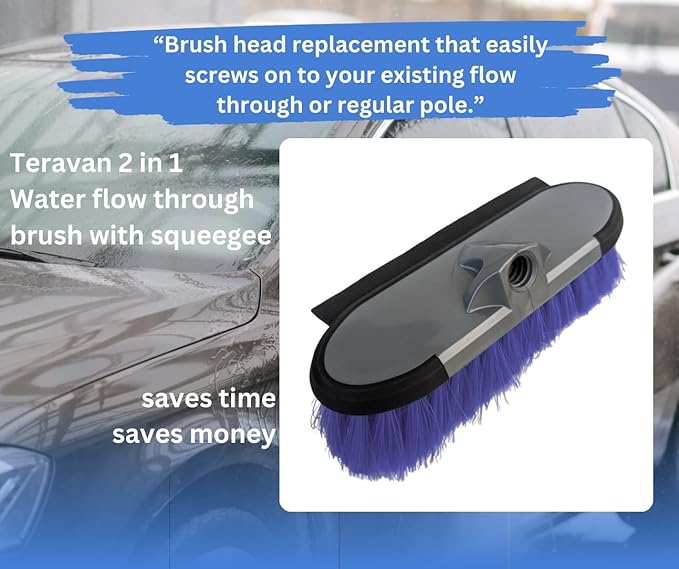 TERAVAN 10" 2 in 1 Water Flow Through Scrub Brush, Car Wash Brush with Built-in Squeegee- Soft Bristle Cleaning Brush for Cars, RVs, Boats, Solar Panels, Patio, Siding, Decks and Windows