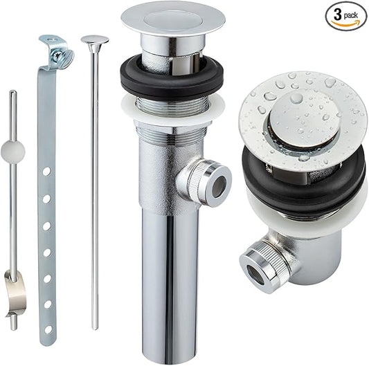 Artiwell Sink Pop-Up Drain Stopper Assembly with Lift Rod and Overflow, Solid Brass Lavatory Pop Up Drain Assembly for Bathroom Vanity Sink, All Brass Construction (Chrome Plated)