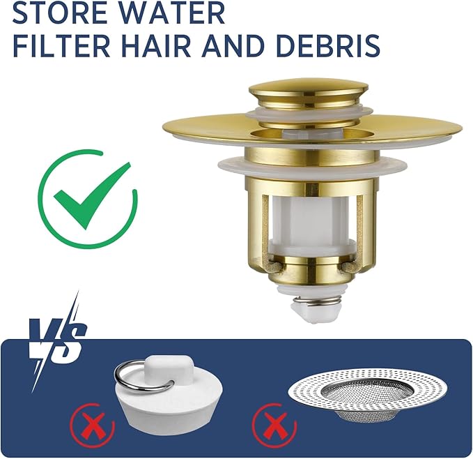 Universal 2 in 1Bathroom Sink Stopper, 1 Pack Pop Up Bathroom Sink Drain Strainer for 1.06"-1.65" Basin Drain Holes, Anti Clogging Drain Filter (Gold(s)-1p)