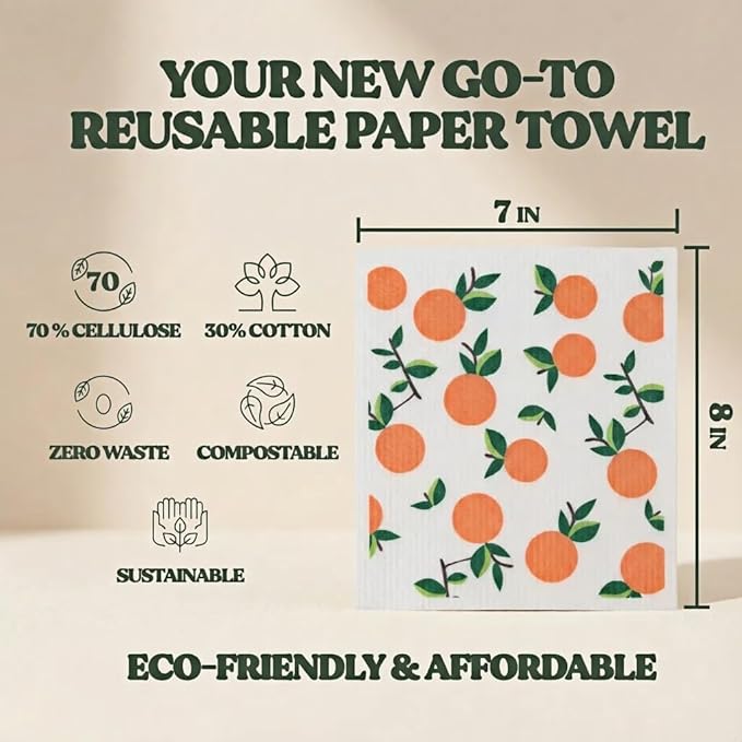 Swedish Dishcloths & Cleaning Cloths for Kitchen, 8 Pack - Reusable, Super Absorbent, Cellulose, Odor-Free, Biodegradable, Washable & Dishwasher Safe (Fruit Printed Design)