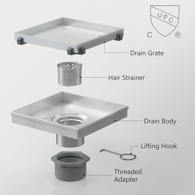 Sharpeye 6 Inch Square Shower Drain with Removable Tile Insert Grate, Brushed 304 Stainless Steel Square Shower Floor Drain, Includes Hair Strainer, CUPC Certified