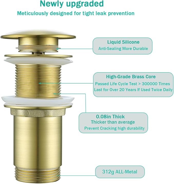 Brass P Trap with Pop Up Drain Stopper,U-Shape 1 1/4 Slip Joint Extension Tub Sink Drain Pipe,12 inch Pipe length Adjustable Height Sink Waste Trap Drain Kit,Without Overflow,Brushed Gold