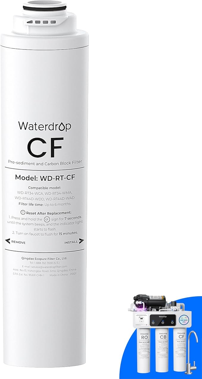 Waterdrop RT-CF Filter, Replacement for Waterdrop T3-T & T3-C & T3-M & T4-A Reverse Osmosis System, Pack of 1 CF Filter, 6-month Lifetime