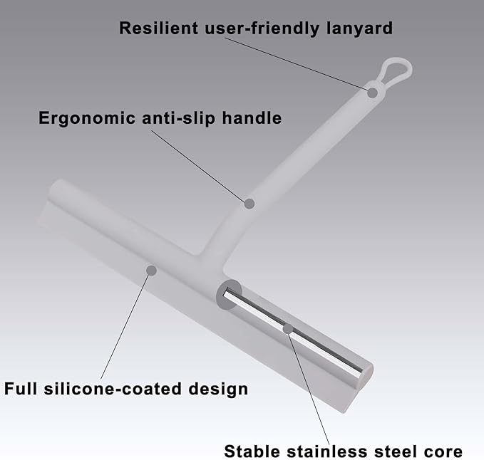 Squeegee for Shower Glass Doors, Resilient Loop - No-Drill & Adhesive Hook, Silicone Shower Squeegee with Stainless Steel Core, Cleaning Tool for Home, Kitchen, Bathroom & Car - Grey