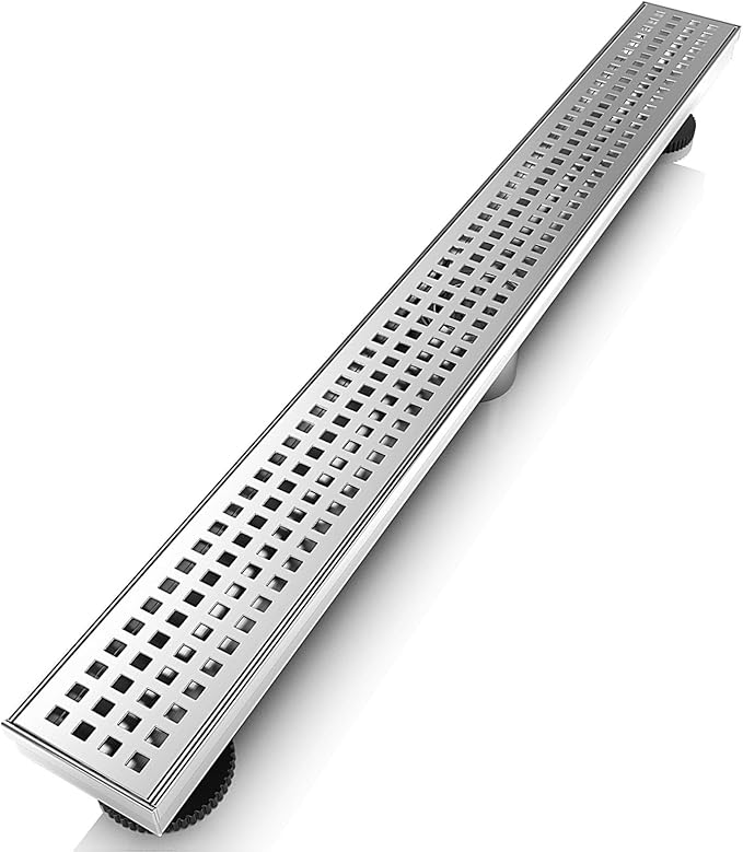 WEBANG 48 Inch Linear Shower Drain Rectangular Floor Drain with Accessories Square Hole Pattern Cover Grate Removable SUS304 Stainless Steel CUPC Certified Brushed