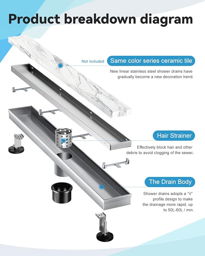 Linear Shower Drain 12 Inch(Brushed Nickel), 2 in 1 Tile Shower Drain, 304 Stainless Steel Linear Drain with Tile Insert Grate,Adjustable Feet,Hair Filter
