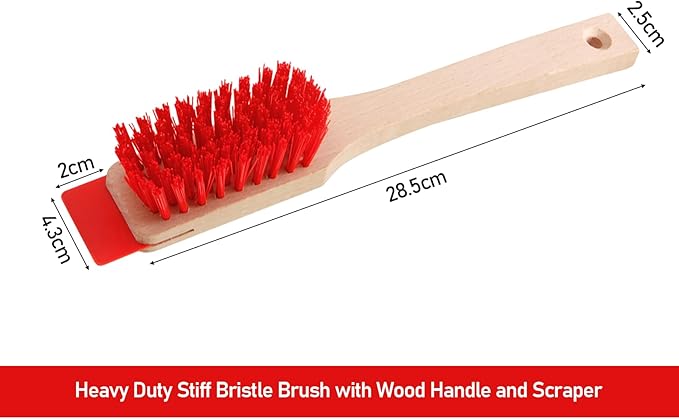 KIBBEH Heavy Duty Stiff Bristle Brush with Wood Handle and Scraper, Multi-Surface Outdoor Cleaning Tool for Patio, Deck, Lawn Mower, Gardening and Tough Grime (Red)