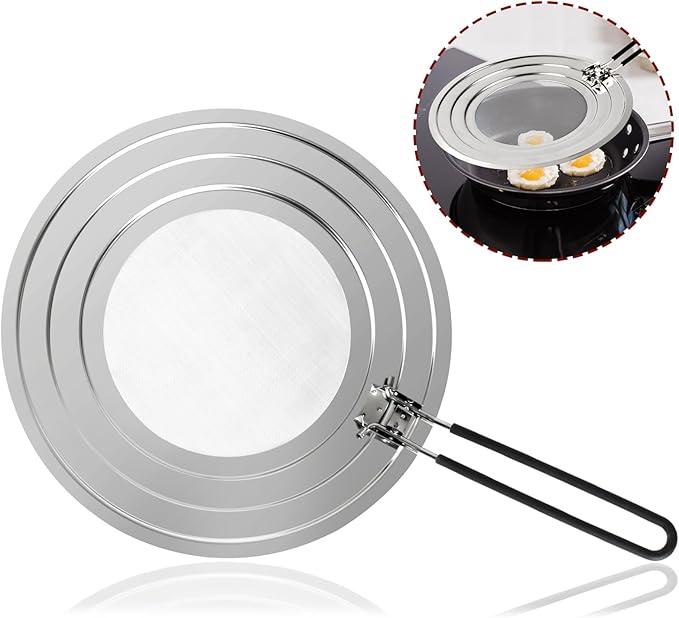 Stainless Steel Splatter Screen for Frying Pan - Grease Splatter Guard with Folding Handle - Cover Oil Splash from Bacon, Oil, or Deep Fryer - Food Strainer and Universal Cookware