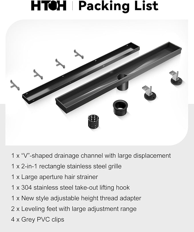 Black Shower Drain, 24 Inch Linear Shower Drain with Removable Tile Insert Grate, 2 in 1 Bathroom Modern 304 Stainless Steel Matte Black Shower Floor Drain with Adjustable Feet,Hair Strainer