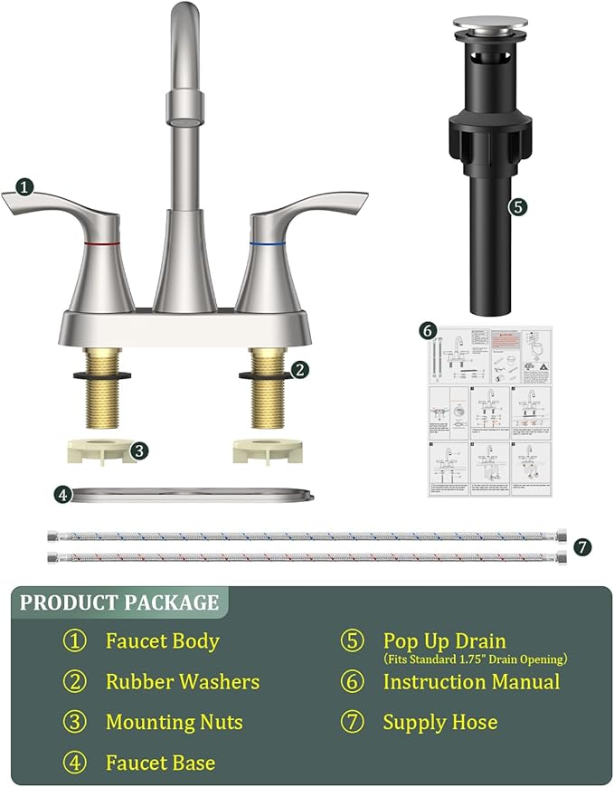 Brushed Nickel Bathroom Faucet 3 Hole, Evolvegoods 4 Inch Stainless Steel Bathroom Sink Faucet, 2 Handle Centerset Faucet for Bathroom Sink Vanity, with Pop Up Drain and 2 Supply Hoses