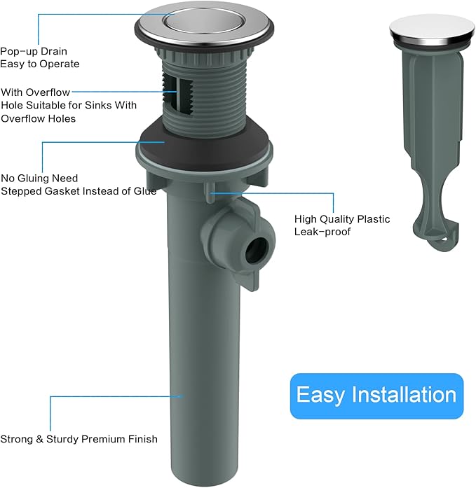 Bathroom Sink Drain with Overflow, 2 Pack Push and Seal Pop Up Drain Stopper with Lift Rod for Bathroom Lavatory Vanity Vessel, Compatible with Moen, American Standard, Universal Hole, Chrome