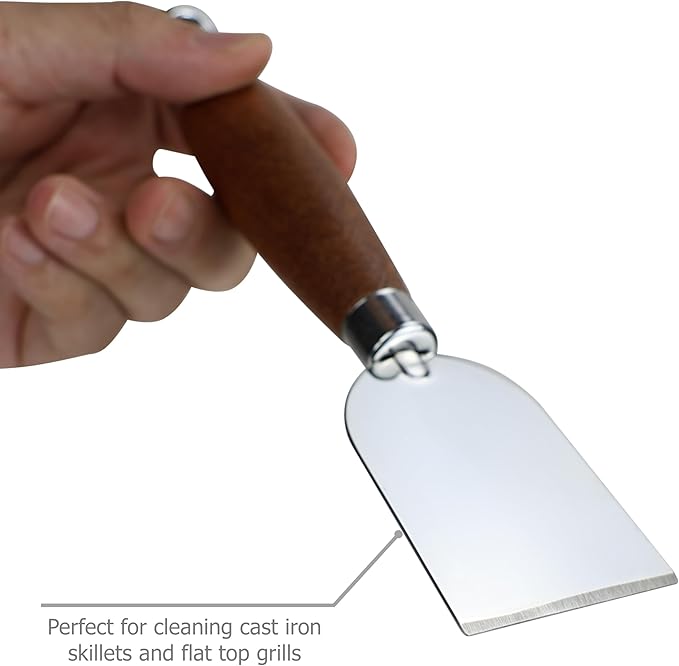 EIKS 2 Pack Stainless Steel Scraper with Wooden Handle for Cleaning Cast Iron Skillet Flat Top Grills Griddle BBQ Pan Ovens Stoves, Stain Removal Tool