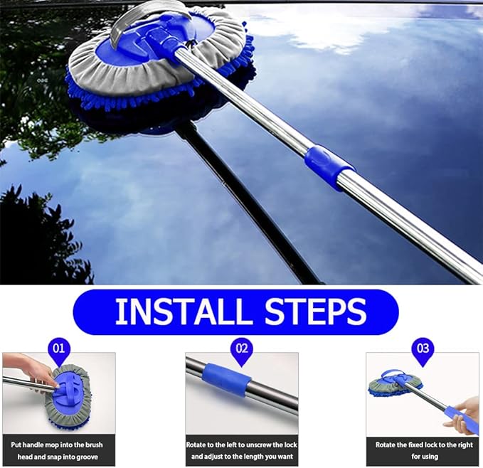 47.5" Car Wash Brush Mop Cleaning Tool with Long Handle Kit for Washing Detailing Cars Truck, SUV, RV, Trailer, Boat 2 in 1 Chenille Microfiber Sponge Duster Not Hurt Paint Scratch Free