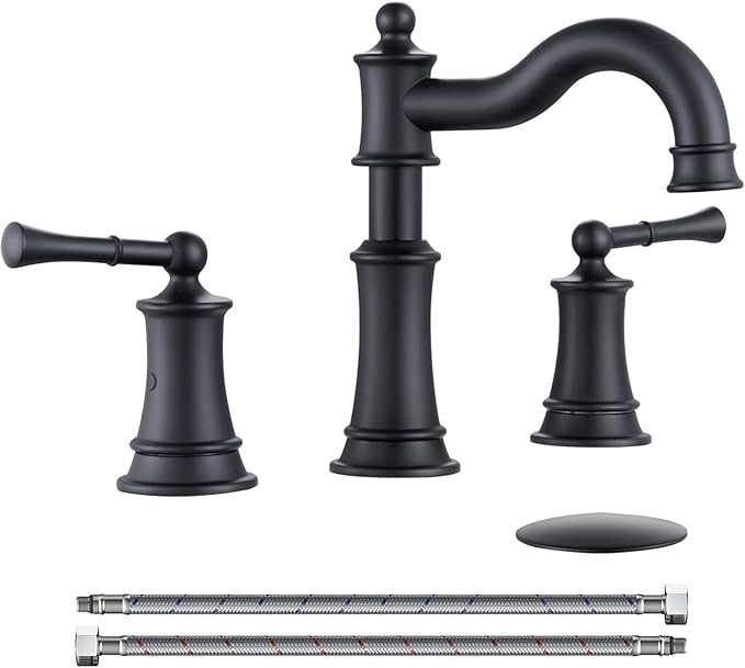 Roman Bathroom Sink Faucet Deck Mount or Wall Mount Installation Pop-up Drain Assembly with Overflow Deck Plate and Water Supply Lines Included (3 Hole Deck Mount, Matte Black)