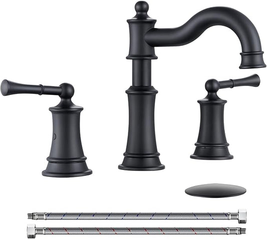 Roman Bathroom Sink Faucet Deck Mount or Wall Mount Installation Pop-up Drain Assembly with Overflow Deck Plate and Water Supply Lines Included (3 Hole Deck Mount, Matte Black)