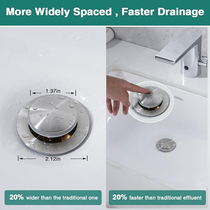 Pop Up Drain Stopper with Overflow for Bathroom Sink, Brushed Nickel Stainless Steel Bathroom Sink Drain, Universal Basin Drain, Lavatory Sink Drain Stopper with Detachable Basket