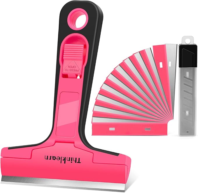 THINKLEARN Razor Blade Scraper Tool, 4" Razor Scraper with 20Pcs Replacement Blades, Pink Glass Scraper for Removing Decals, Tint, Stickers, Labels, Caulk, Adhesive from Window, Oven, Stove Top