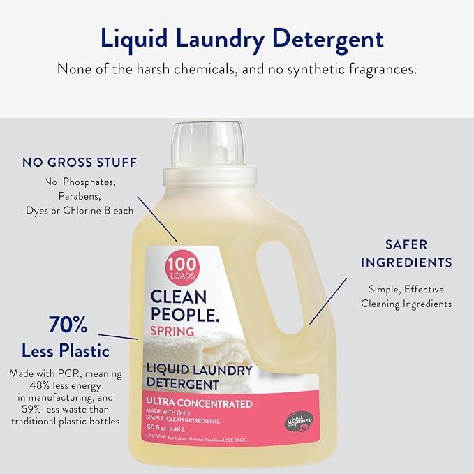 The Clean People Liquid Laundry Detergent - Recyclable Packaging, Stain Fighting - Ultra Concentrated, Laundry Soap - Spring Scent, 200 Loads
