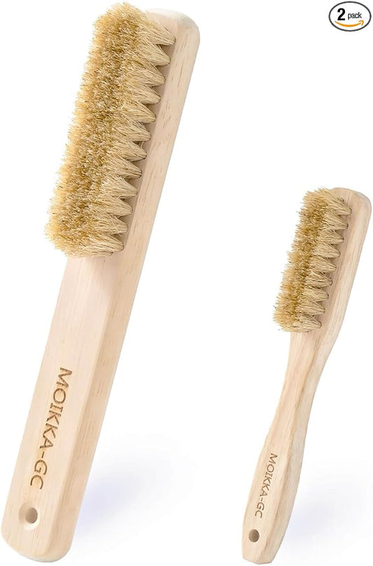 Wood Laundry Stain Brush Set (Large + Small) with Boar Bristles – Tough Stain Remover for Delicates, Cotton, Linens & Shoes, Laundry Scrub Brushes for Clean Fabric
