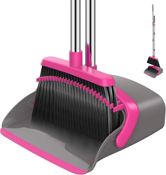 NACENA Broom and Dustpan Set, 52-in Long Adjustable Handle Broom Dustpan Combo with Dustpan Teeth to Automatically Clean Hair Suitable for Home Kitchen Office Hall Floor（Grey&Rose）