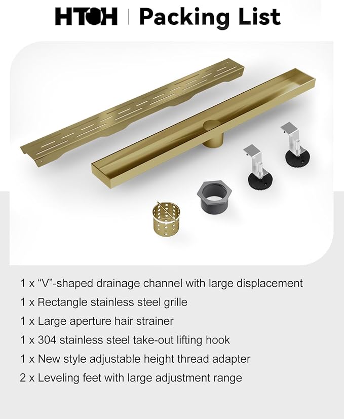Brushed Titanium Gold Shower Drain 28 Inch, 304 Stainless Steel Linear Shower Drain with Removable Brick Pattern Grate - Adjustable Rectangular Shower Floor Drain with Hair Strainer, Linear Drain
