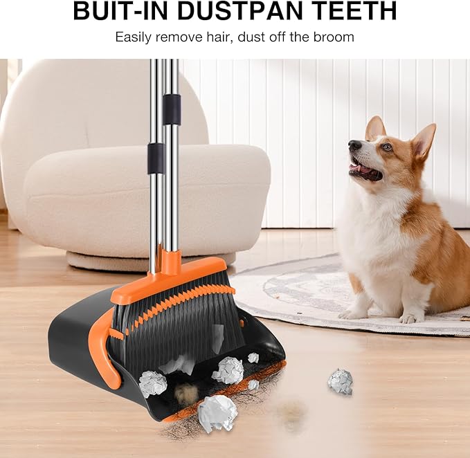 NACENA Broom and Dustpan Set, 52-in Long Adjustable Handle Broom Dustpan Combo with Dust pan Teeth to Automatically Clean Hair Suitable for Home Kitchen Office Hall Floor (Black&Orange), 2 Pack