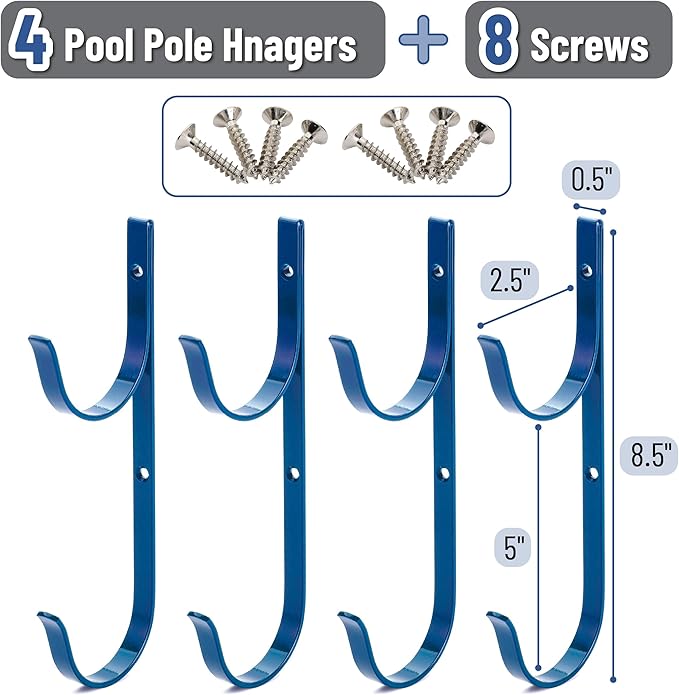 UNCO- Pool Pole Hanger, 4 Pack, Blue, Holder Set, Hooks for Telescopic Poles, Skimmers, Leaf Rakes, Nets, Brushes, Vacuum Hose, Garden Tools and Swimming Pool Accessories