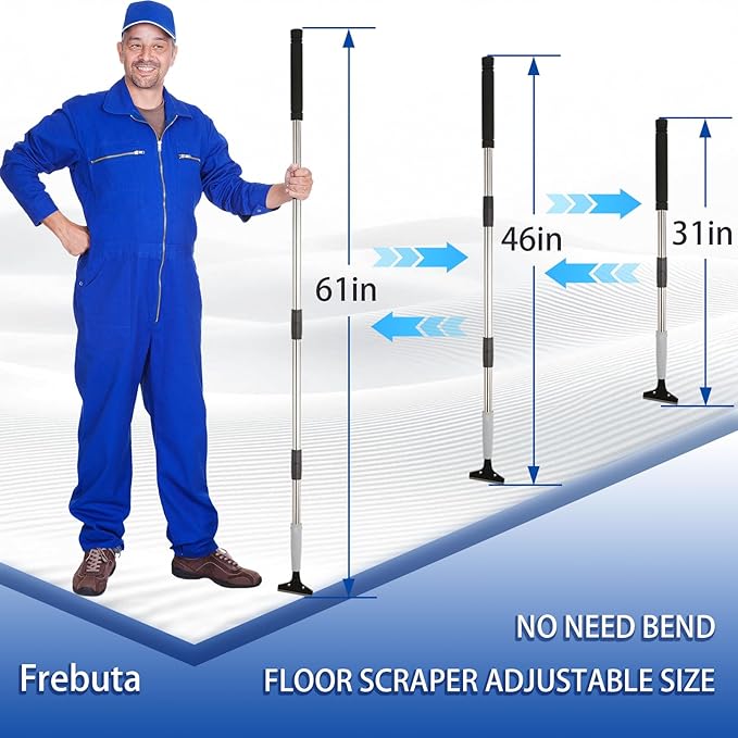4"Razor Blade Floor Scraper with Long Handle,61in Adjustable Floor Scraper Heavy Duty with 10PCS Extra Metal Blades Paint Scraper for Cleaning Stickers Gum Glass Wall Tile Linoleum Stove Top