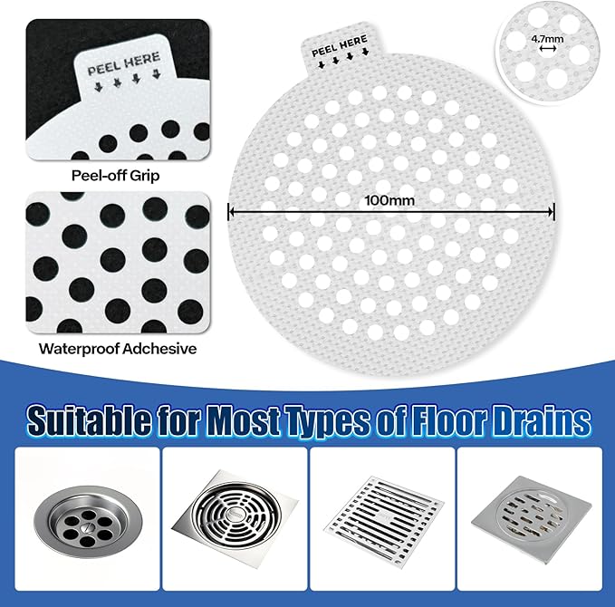 38 PCS Disposable Shower Drain Hair Catcher, Mesh Drain Covers Stickers, Peel & Stick Drain Strainers to Stop Clogs, Strong Adhesive Mesh Stickers for Bathtub, Bathroom, Kitchen Sink, Easy Peel Remove